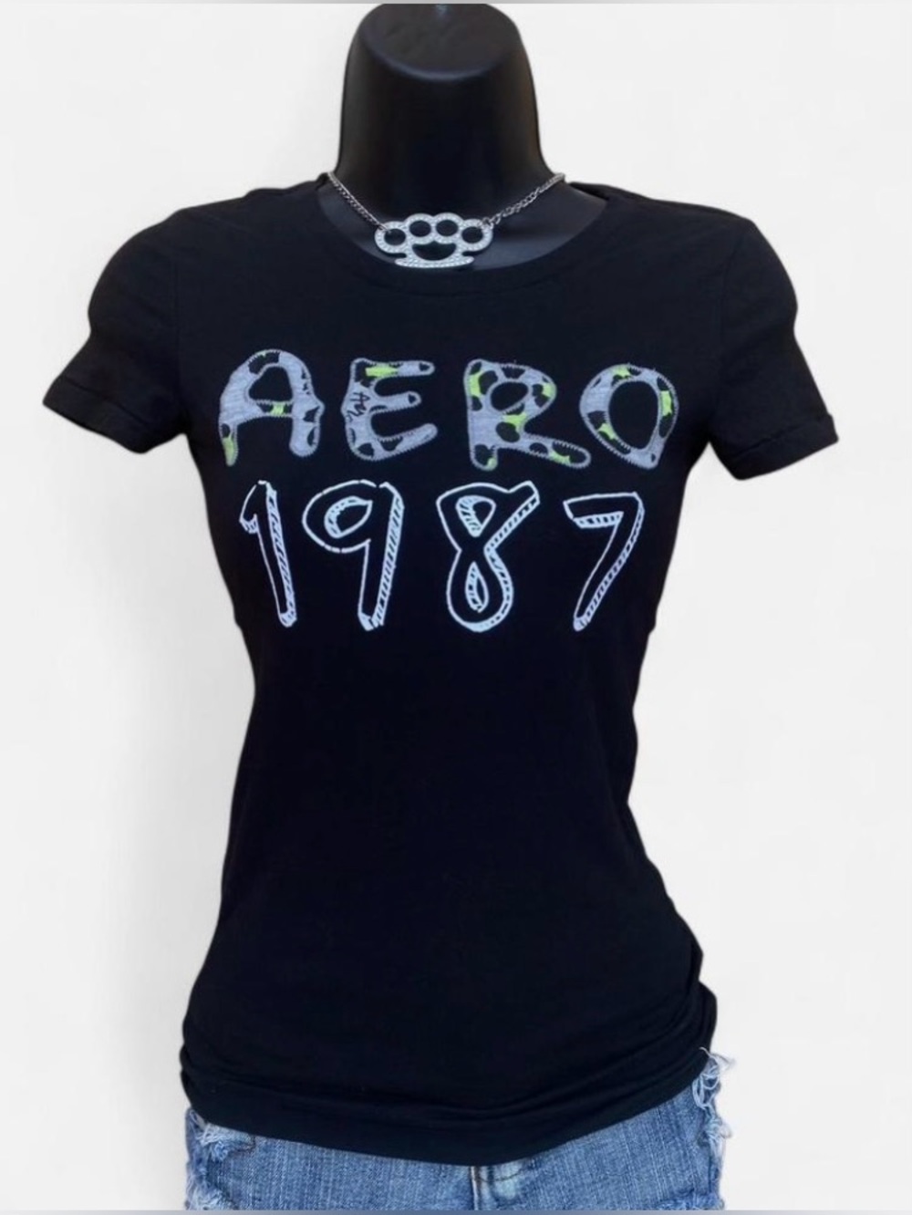 Y2k Aero Black Baby Tee with Neon Green & Grey Leopard Print 3D Lettering